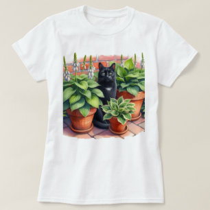 Hosta Garden and Black Cat Watercolor T-Shirt