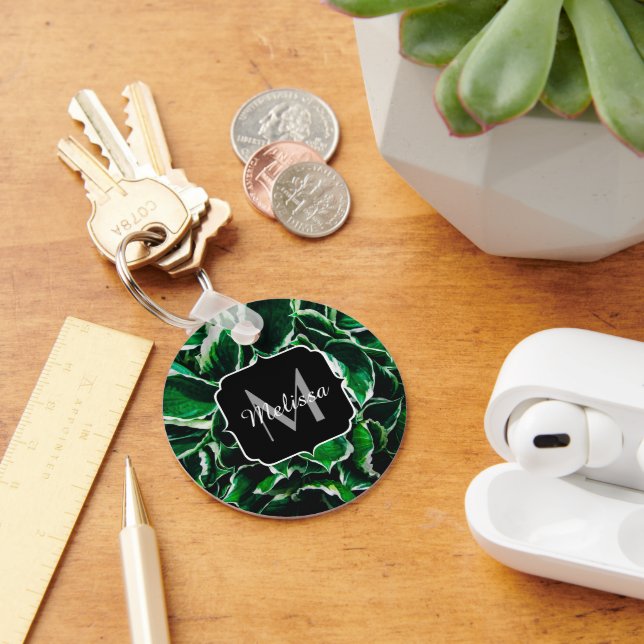Hosta undulata vibrant green plant leaves Monogram Key Ring (Desk)