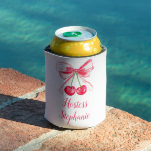 Hostess Pink Bow Coquette Name Wedding Button Can Cooler
