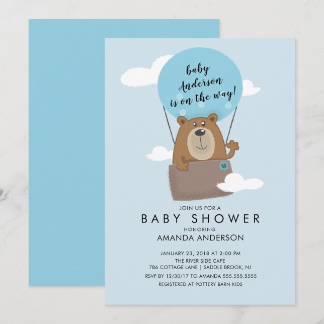 Hot Air Ballon Bear Boys Baby shower Invitation (Front/Back)