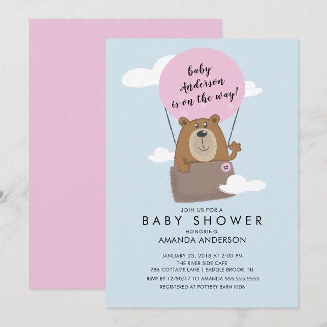 Hot Air Ballon Bear Girls Baby shower Invitation (Front/Back)