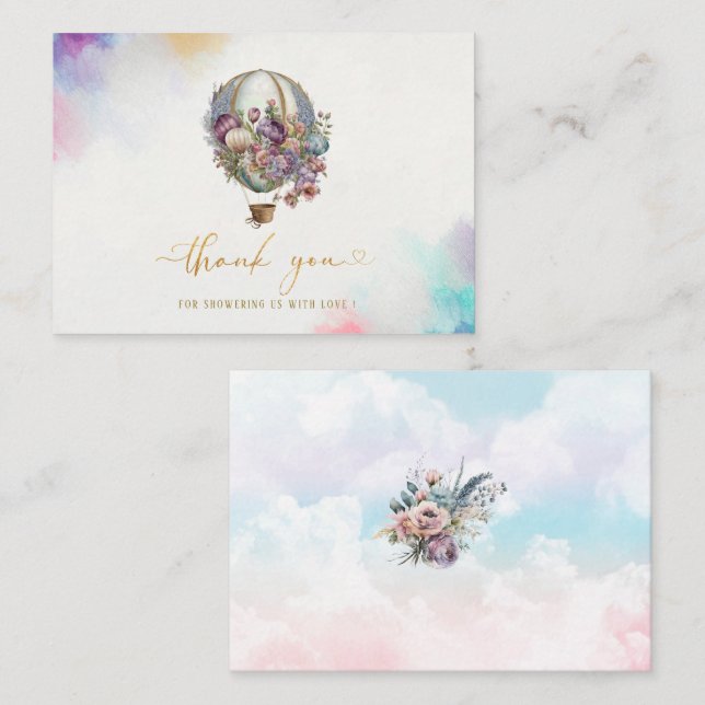 Hot Air Ballon Watercolor  pink lilac gold   thank Card (Front/Back)