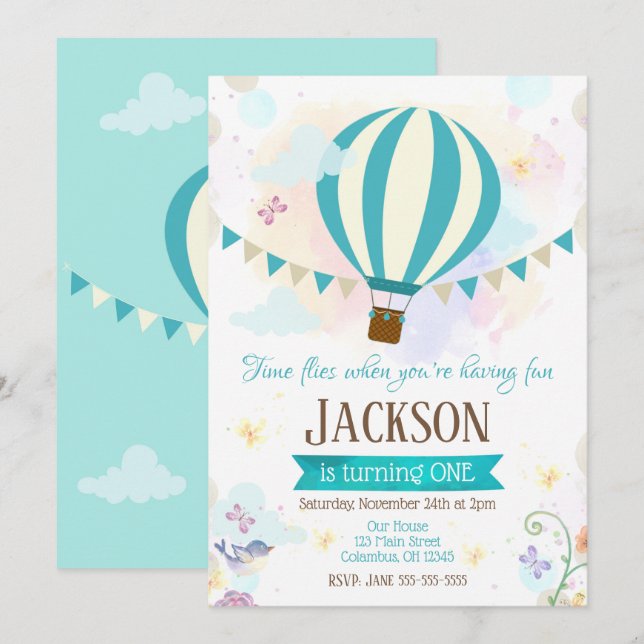 Hot Air Balloon 1st Birthday Invitation (Front/Back)
