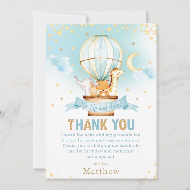 Hot Air Balloon 1st Birthday Jungle Animals Boy Thank You Card (Front)