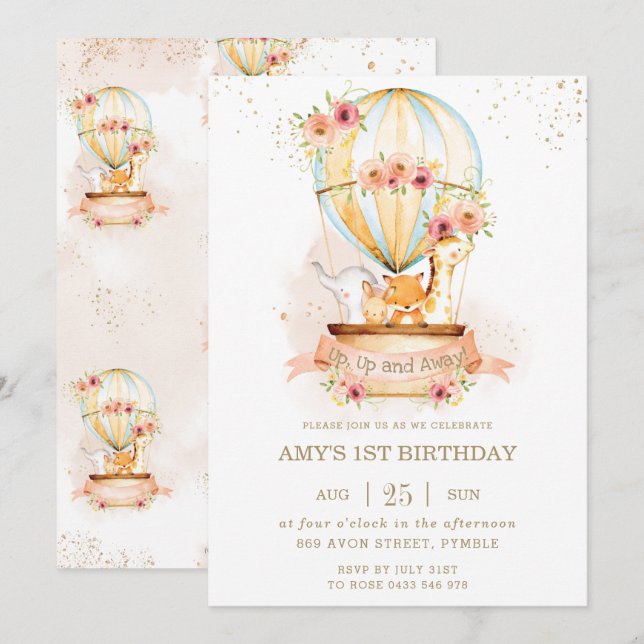 Hot Air Balloon 1st Birthday Jungle Animals Girl Invitation (Front/Back)
