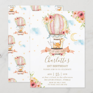 Hot Air Balloon 1st Birthday Jungle Animals Girl Invitation
