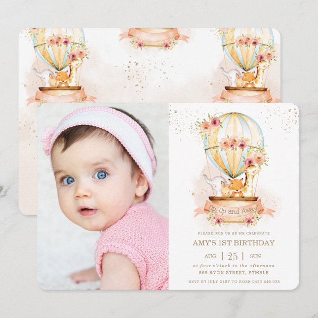 Hot Air Balloon 1st Birthday Jungle Animals Photo Invitation (Front/Back)