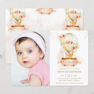Hot Air Balloon 1st Birthday Jungle Animals Photo Invitation
