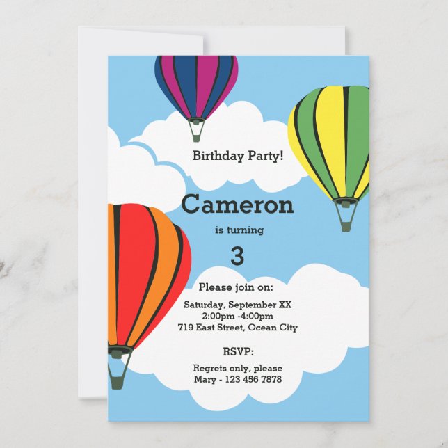 Hot Air Balloon 3rd Birthday Party Invitation Card (Front)