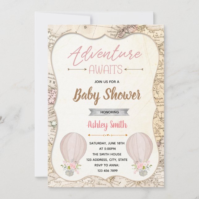 Hot air balloon adventure awaits baby shower invitation (Front)