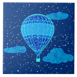 Hot Air Balloon Against a Night Sky in Deep Blue Tile