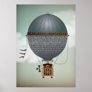 Hot Air Balloon Airship Indigon   Steampunk Travel Poster