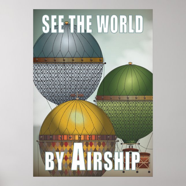 Hot Air Balloon Airship Trio Steampunk Travel Poster (Front)
