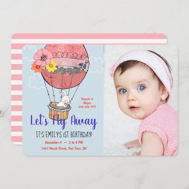 Hot Air Balloon and Bunny First Birthday Invitation (Front/Back)