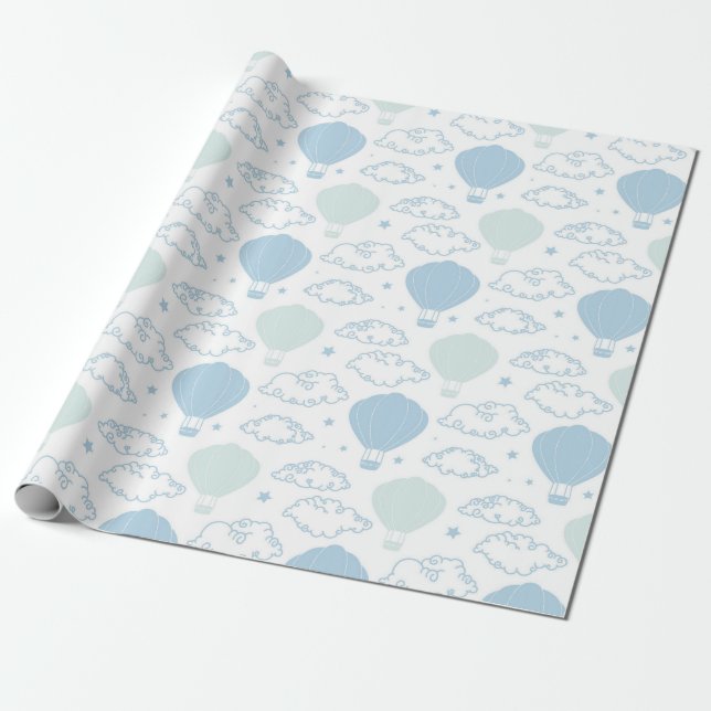 Hot Air Balloon And Clouds Baby Shower Pattern Wrapping Paper (Unrolled)