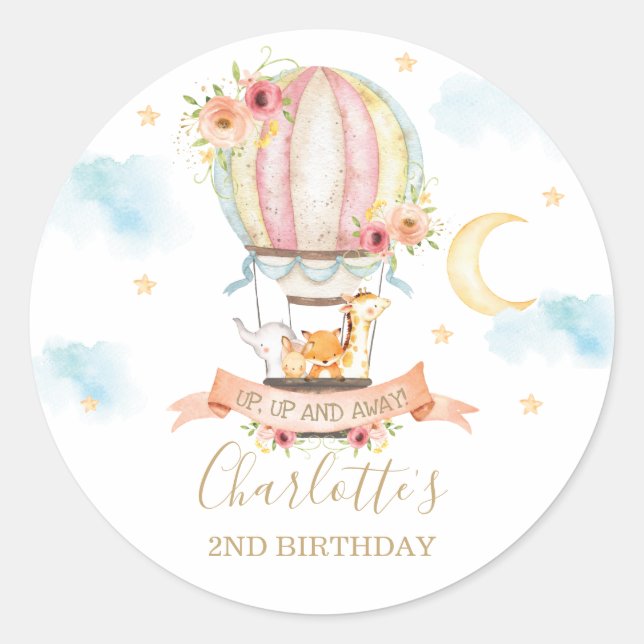 Hot Air Balloon Animal Birthday Thank You Favour Classic Round Sticker (Front)