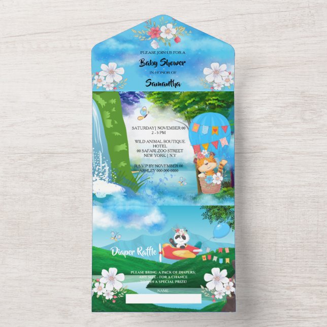 Hot air balloon animal pilot aeroplane boys party all in one invitation (Inside)