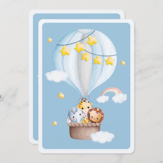 Hot Air Balloon Animals Baby Boy Baby Shower Invitation (Front/Back)