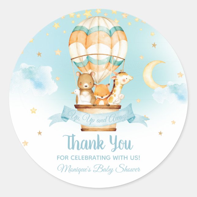 Hot Air Balloon Animals Baby Shower Baby Boy Favou Classic Round Sticker (Front)