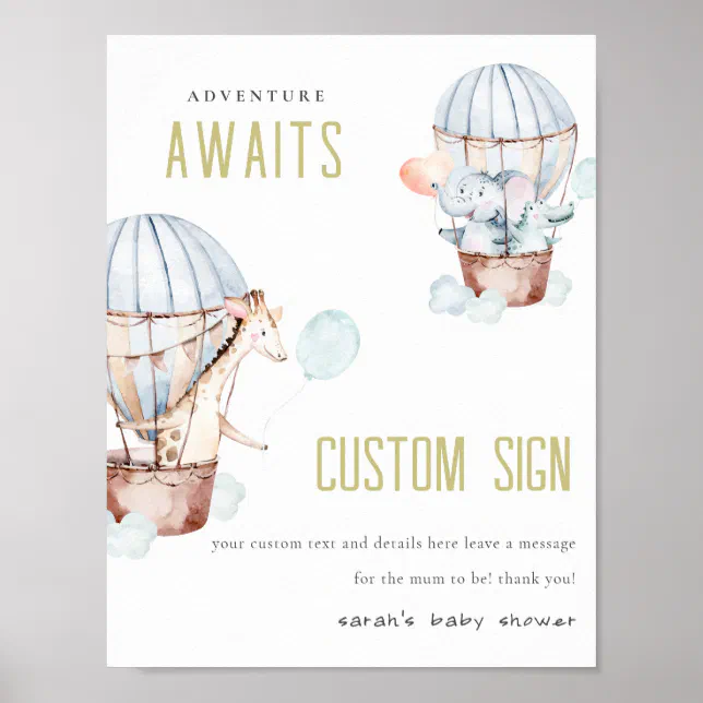 Hot Air Balloon Animals Baby Shower Custom Signs | Zazzle