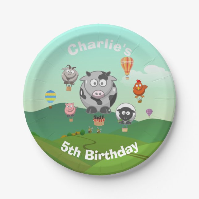 Hot Air Balloon Animals Custom Birthday Paper Plate (Front)