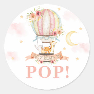 Hot Air Balloon Animals Shower She's Ready to Pop Classic Round Sticker