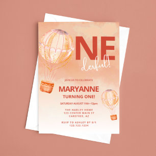 Hot Air Balloon Apricot Boho 1st Birthday Invitation