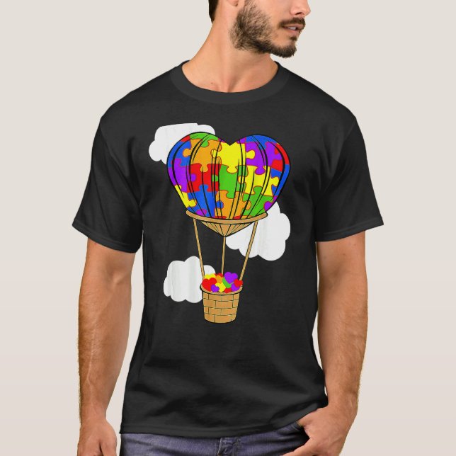 Hot Air Balloon Autism Awareness Cute Heart Puzzle T-Shirt (Front)