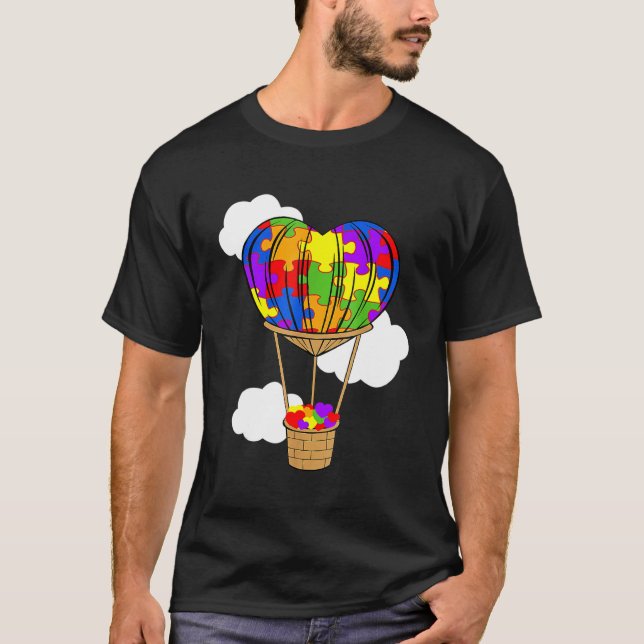 Hot Air Balloon Autism Awareness Cute Heart Puzzle T-Shirt (Front)