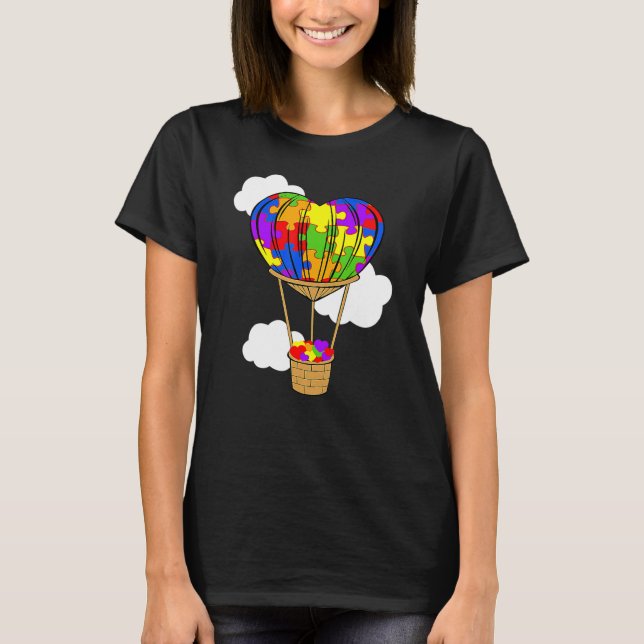 Hot Air Balloon Autism Awareness Cute Heart Puzzle T-Shirt (Front)