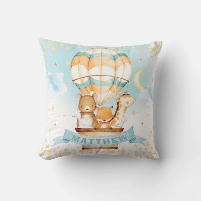 Hot Air Balloon Baby Animals Boy Nursery Decor Cushion (Front)