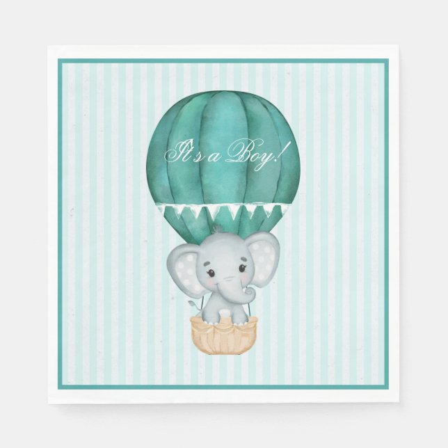 Hot Air Balloon Baby Boy Elephant Baby Shower Napkin (Front)