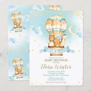 Hot Air Balloon Baby Boy Shower Jungle Animals Invitation