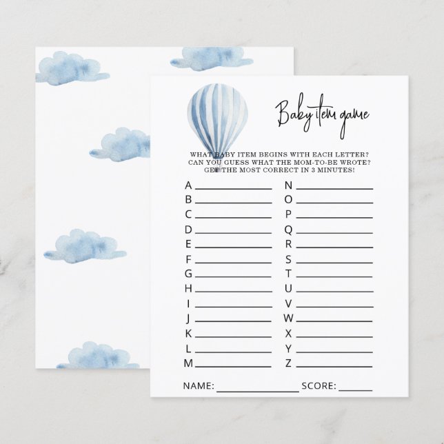 Hot air balloon Baby Item Game. Baby Shower Game (Front/Back)