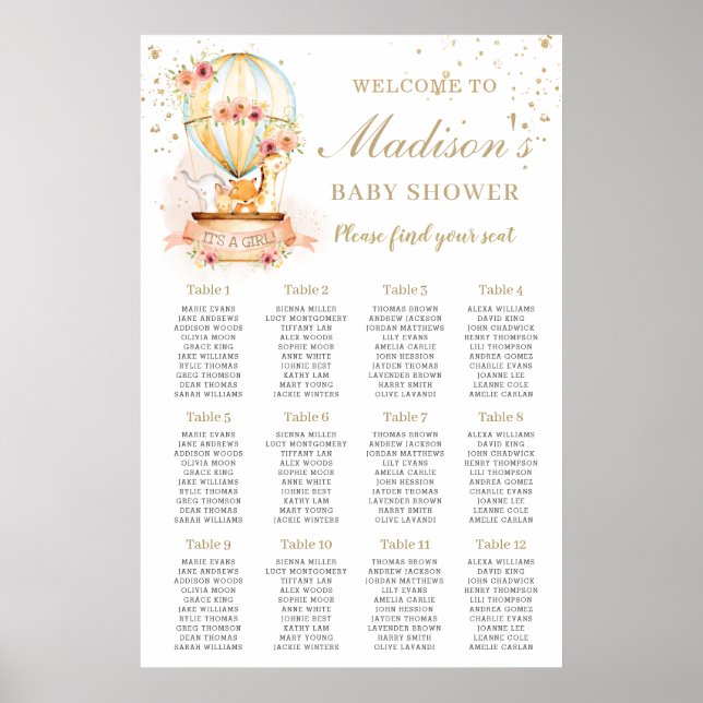 Hot Air Balloon Baby Shower Animals Seating Chart  (Front)