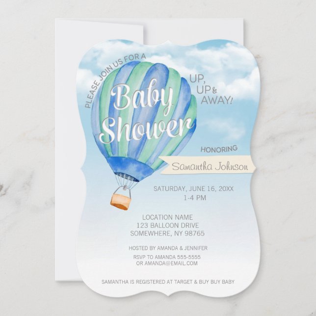 Hot Air Balloon Baby Shower - Blue & Green Boy Invitation (Front)