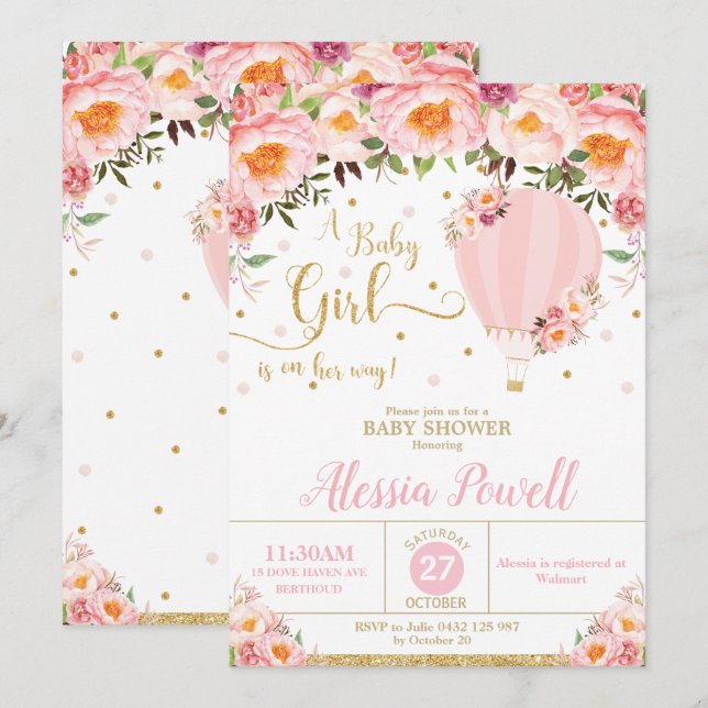 Hot Air Balloon Baby Shower Blush Floral Baby Girl Invitation (Front/Back)