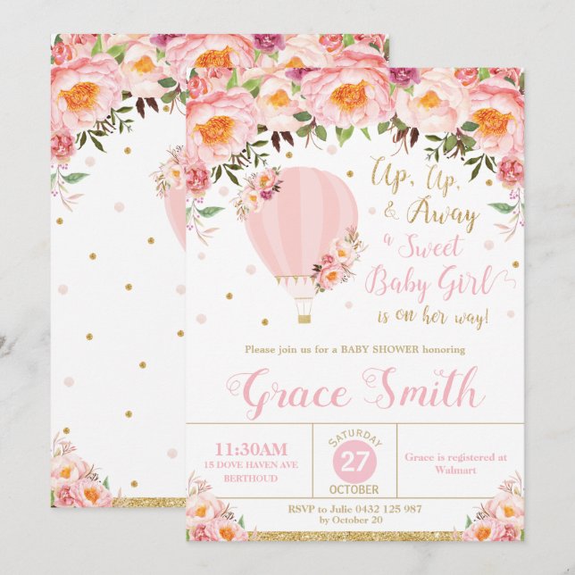 Hot Air Balloon Baby Shower Blush Floral Baby Girl Invitation (Front/Back)