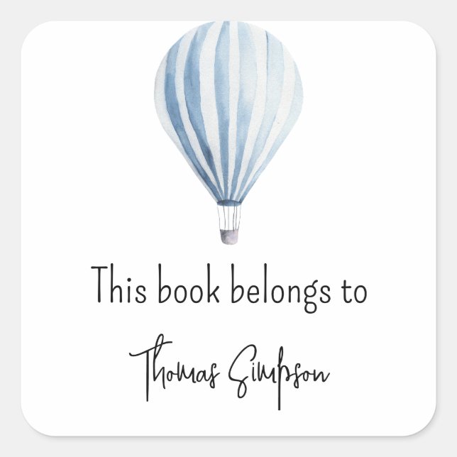 Hot air balloon baby shower bookplate square sticker (Front)