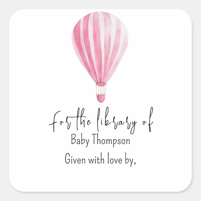 Hot air balloon - baby shower bookplate square sticker (Front)