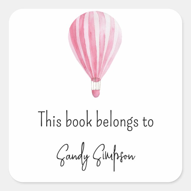 Hot air balloon baby shower bookplate square sticker (Front)