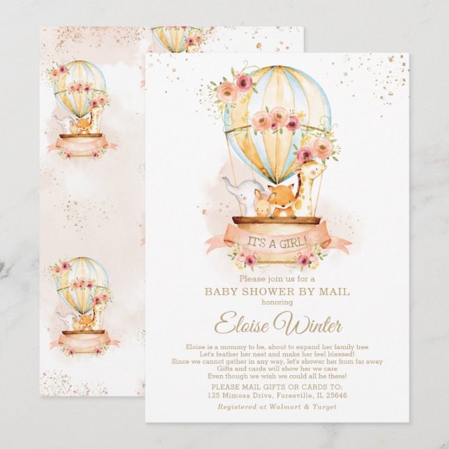 Hot Air Balloon Baby Shower by Mail Cute Animals Invitation (Front/Back)