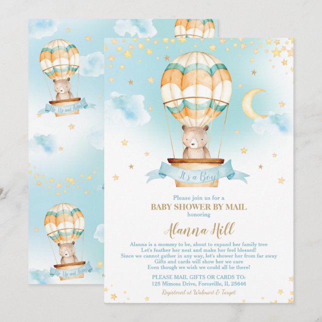 Hot Air Balloon Baby Shower by Mail Teddy Bear Invitation (Front/Back)