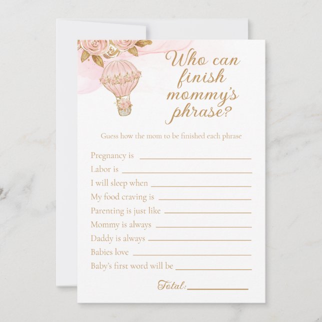 Hot Air Balloon Baby Shower Finish The Phrase Invitation (Front)