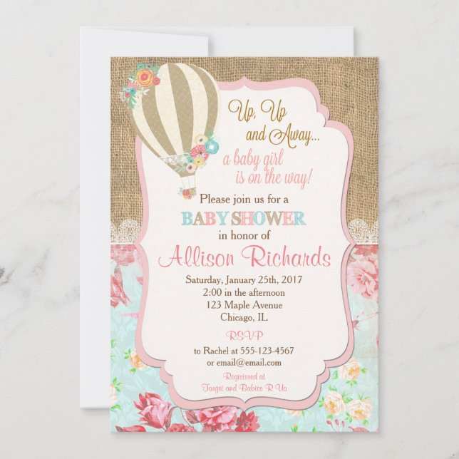 Hot air balloon baby shower invitation burlap lace (Front)