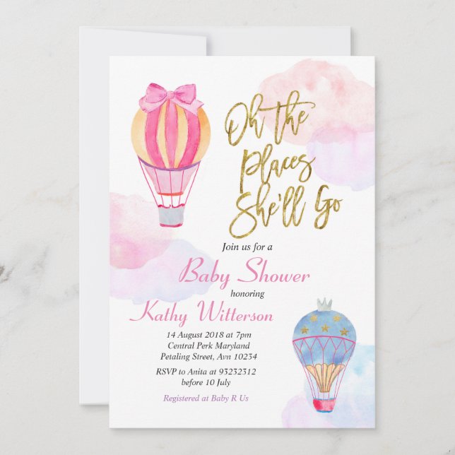 Hot Air Balloon Baby Shower Invitation Girl (Front)
