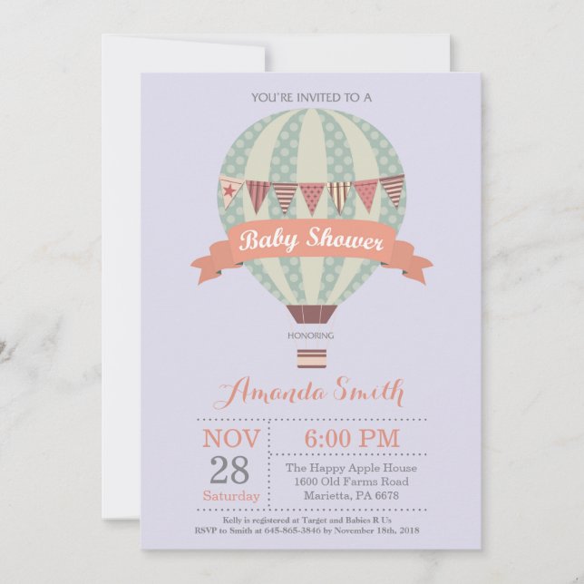 Hot Air Balloon Baby Shower Invitation Purple (Front)