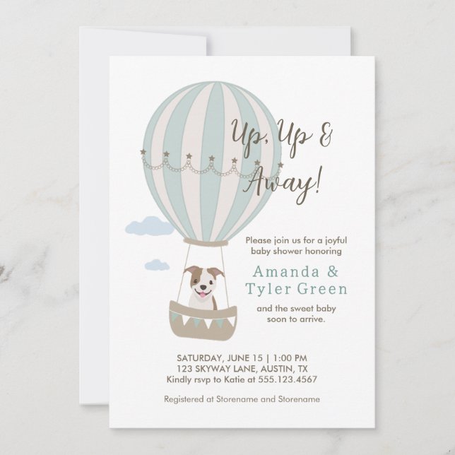 Hot Air Balloon Baby Shower Invite with Cute Dog (Front)