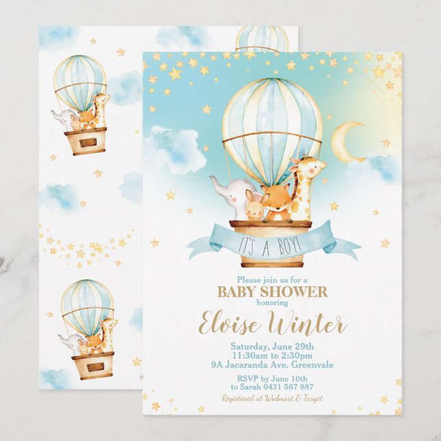 Hot Air Balloon Baby Shower Jungle Animals Boy Invitation (Front/Back)