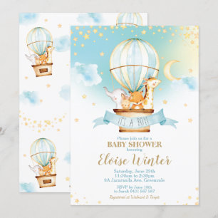 Hot Air Balloon Baby Shower Jungle Animals Boy Invitation